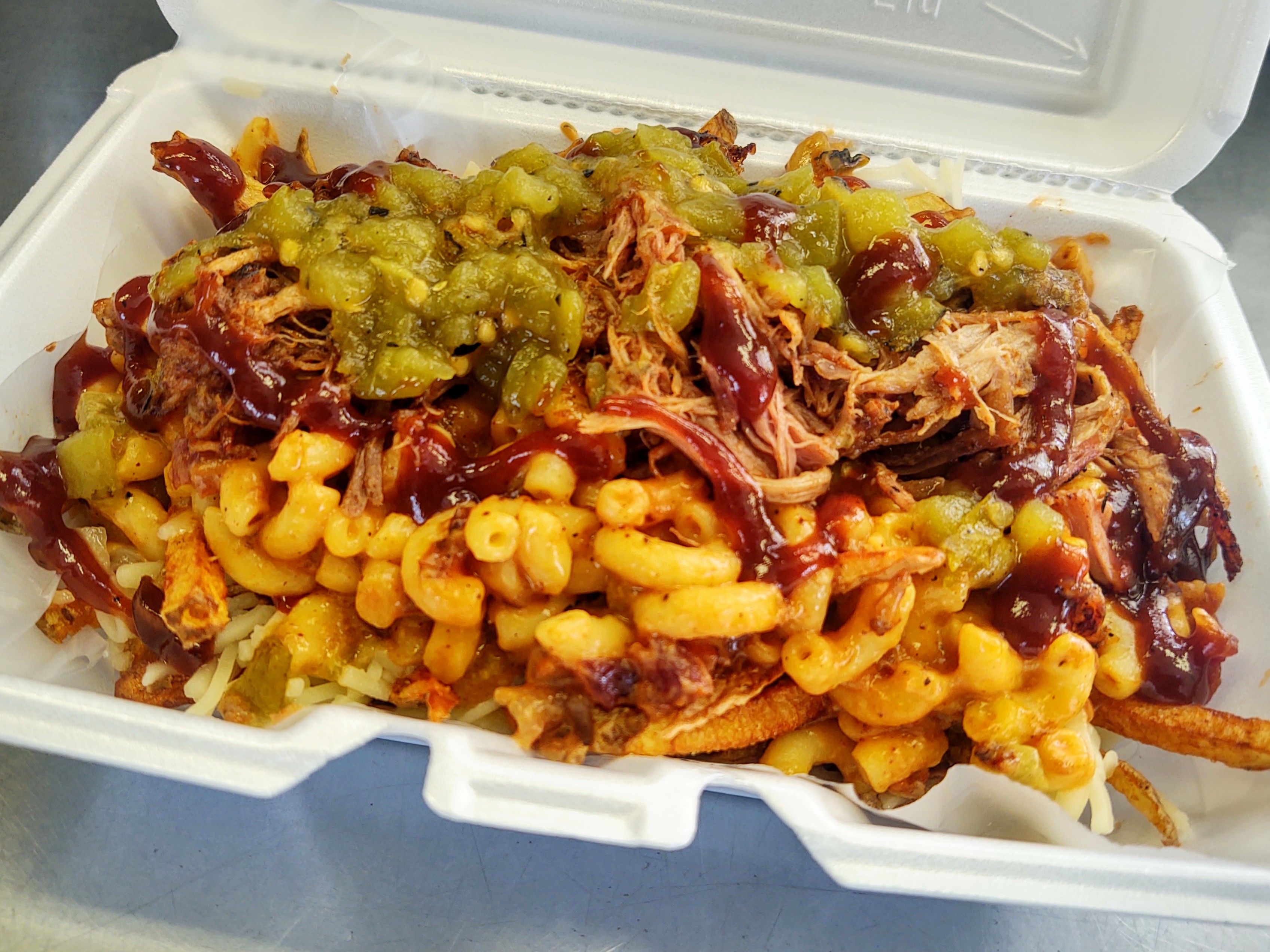 mac and cheese pulled pork french fries mozzarella cheese green chilies  bbq